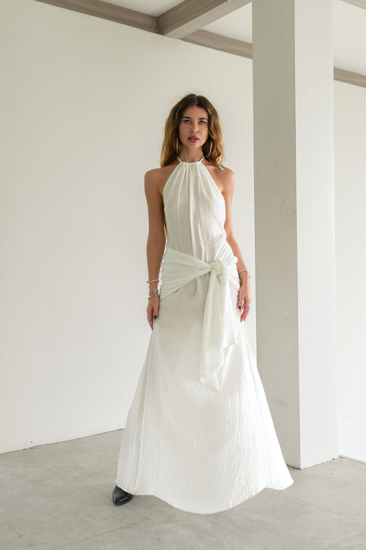 Eva Dress — Open Back Halter Maxi Dress in Textured White Cotton