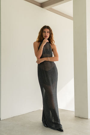 Sia Shimmer Semi-Sheer Halter Maxi Dress
