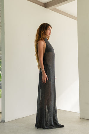 Sia Shimmer Semi-Sheer Halter Maxi Dress