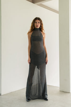 Sia Shimmer Semi-Sheer Halter Maxi Dress