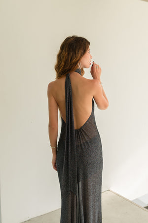 Sia Shimmer Semi-Sheer Halter Maxi Dress