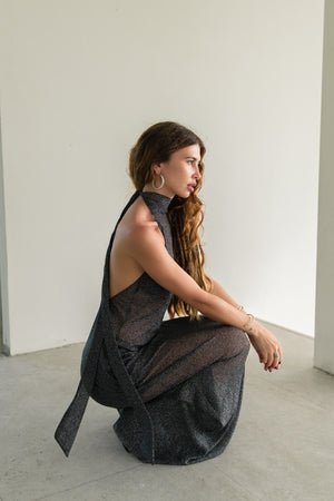 Sia Shimmer Semi-Sheer Halter Maxi Dress