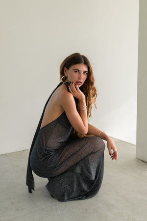 Sia Shimmer Semi-Sheer Halter Maxi Dress