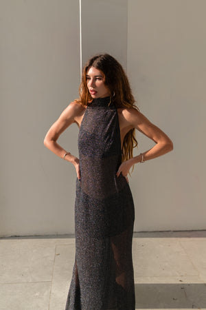 Sia Shimmer Semi-Sheer Halter Maxi Dress
