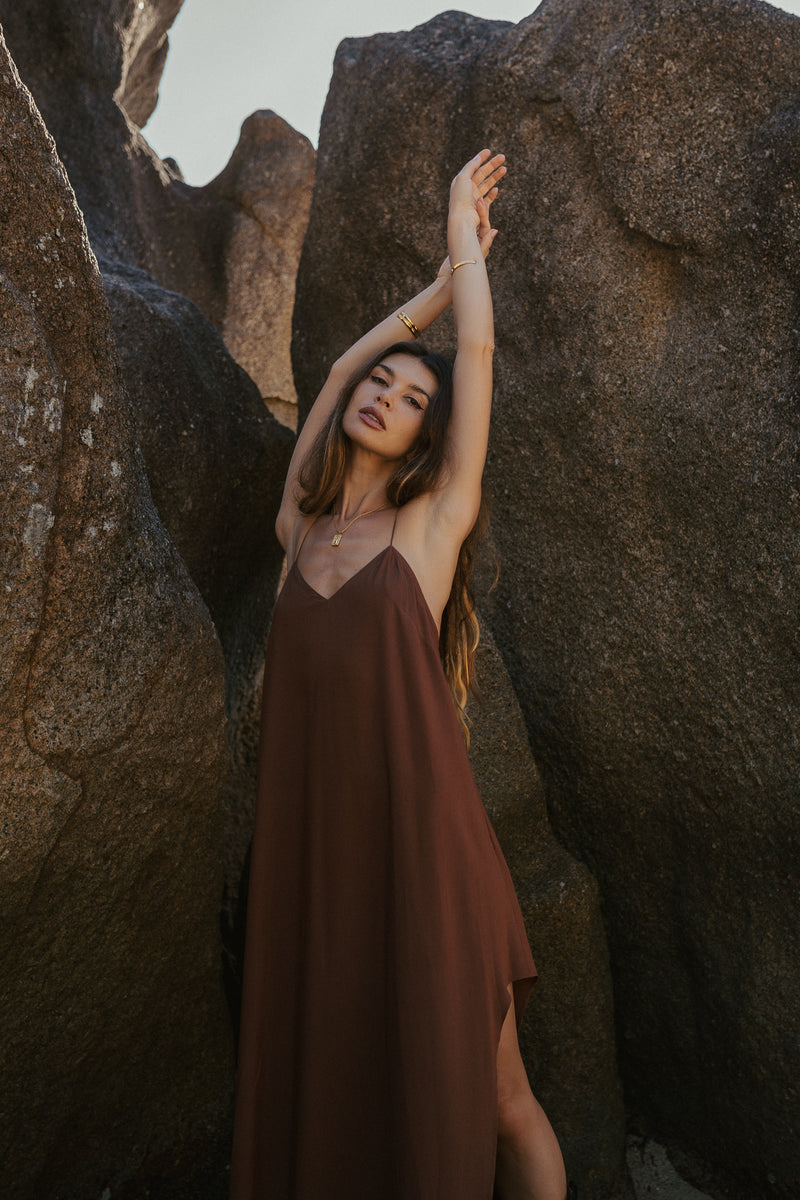 Maxi brown slip dress with open back