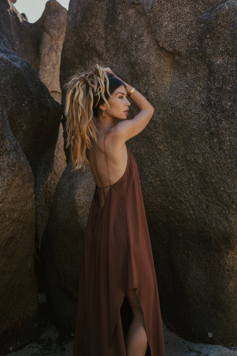 Maxi brown slip dress with open back