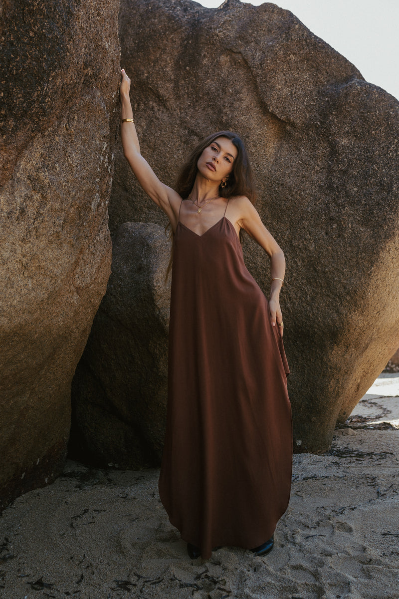 Maxi brown slip dress with open back