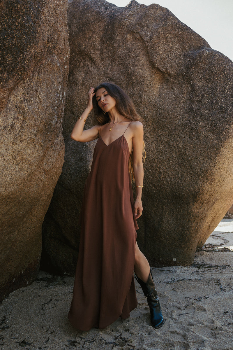 Maxi brown slip dress with open back