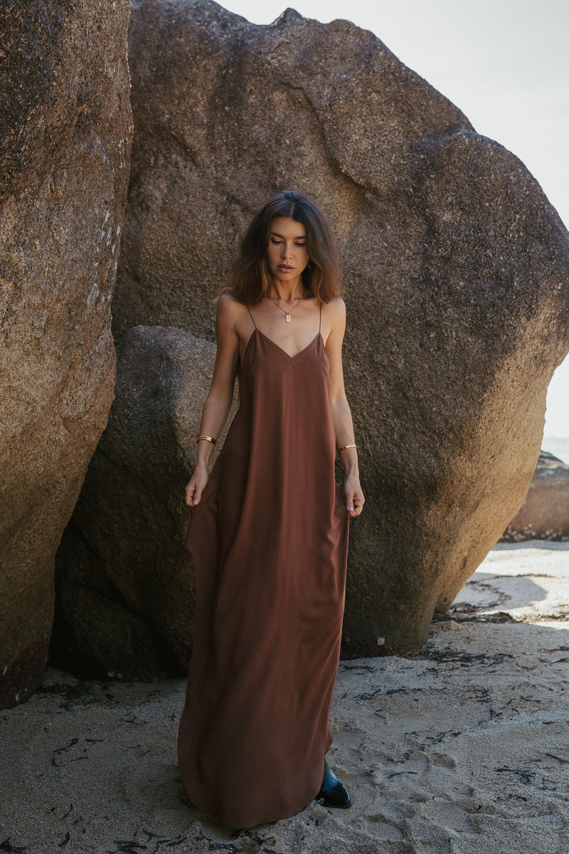 Maxi brown slip dress with open back