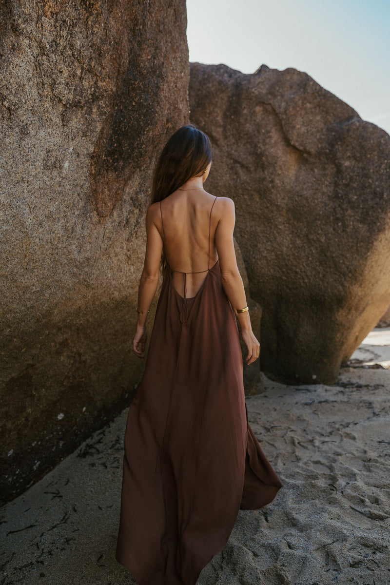 Maxi brown slip dress with open back