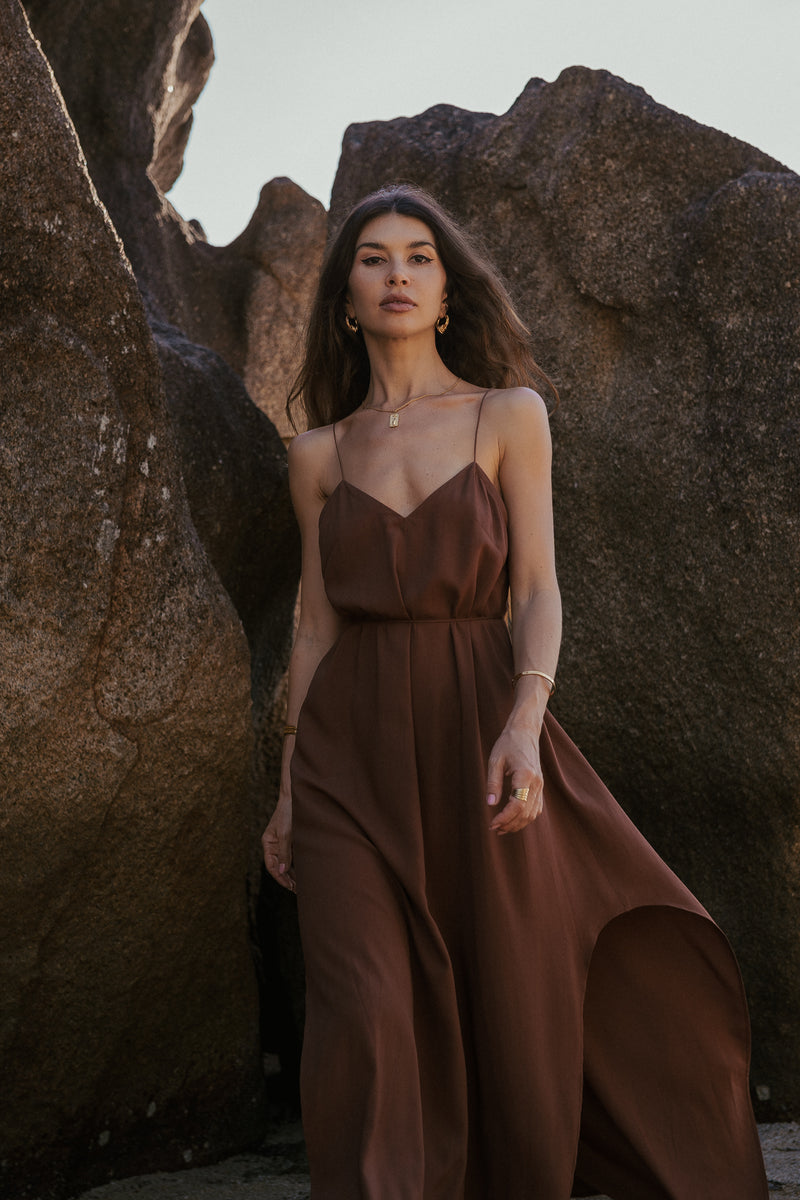 Maxi brown slip dress with open back