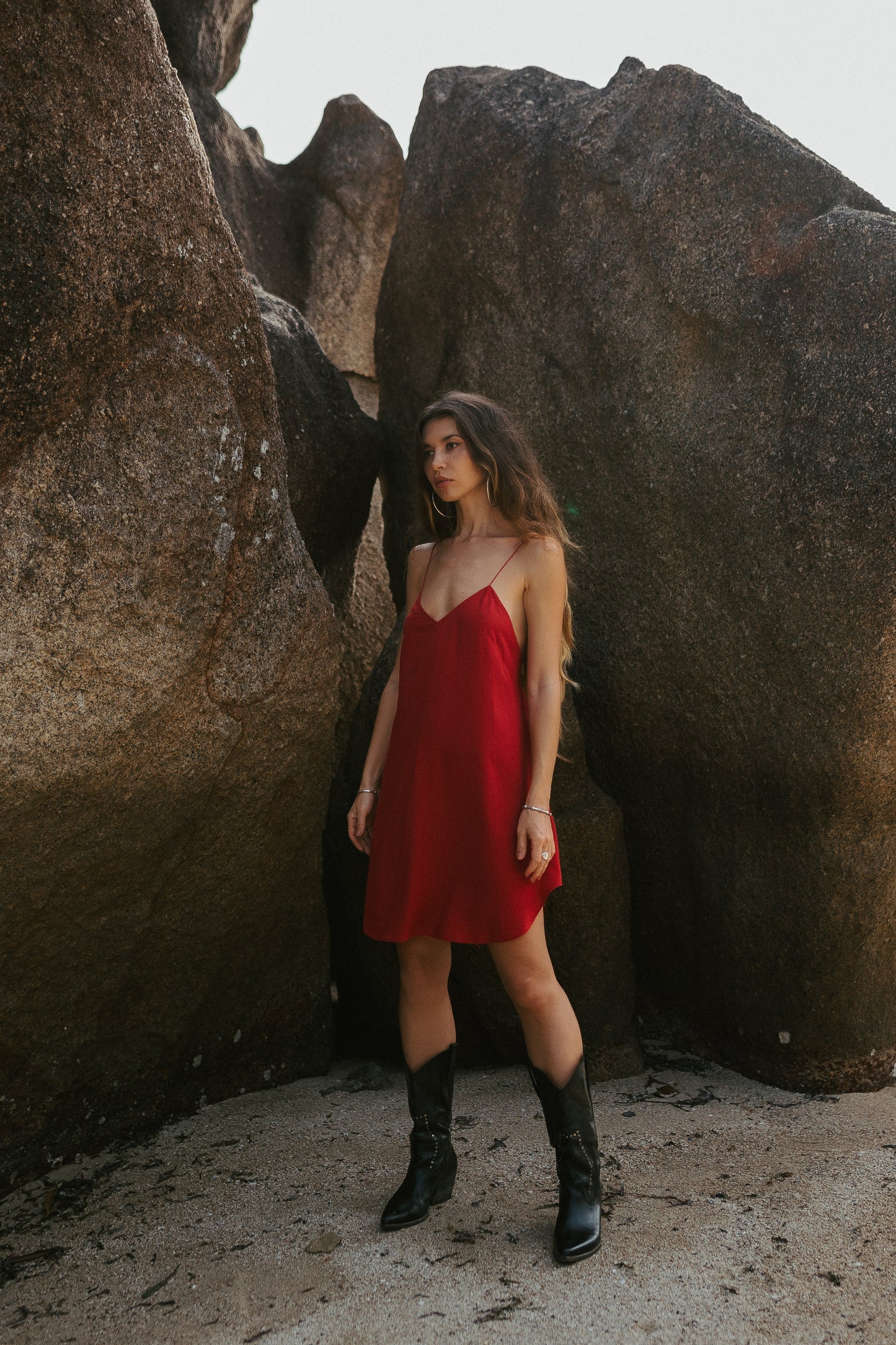 Red mini slip dress with open back