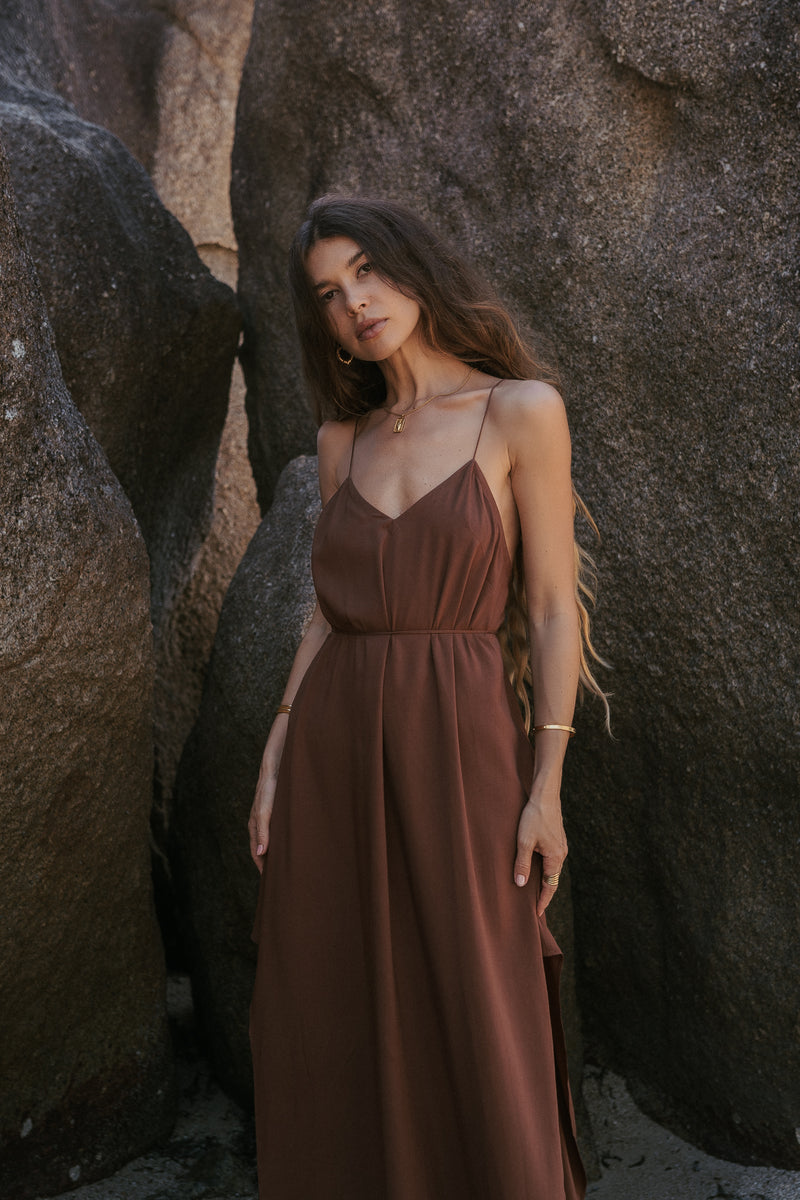 Maxi brown slip dress with open back