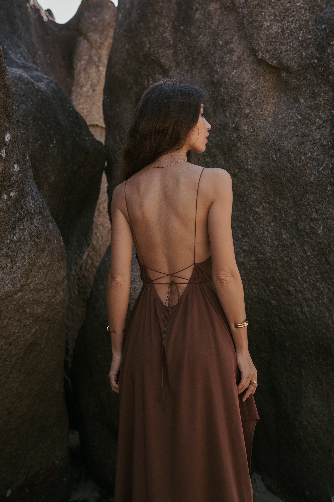 Maxi brown slip dress with open back