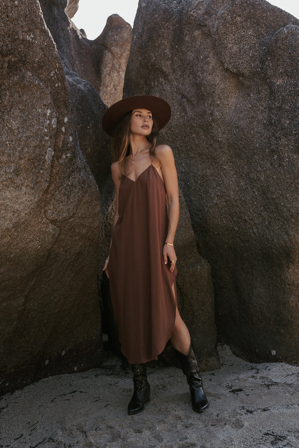 Women midi brown slip dress with open back