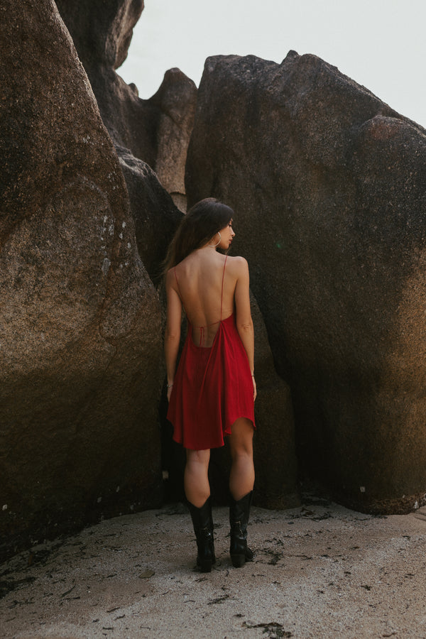 Red mini slip dress with open back