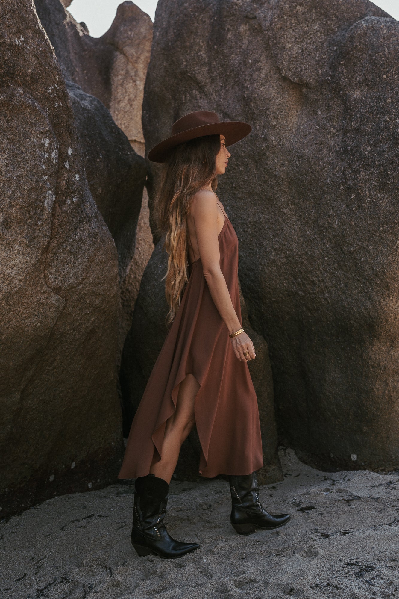 Women midi brown slip dress with open back