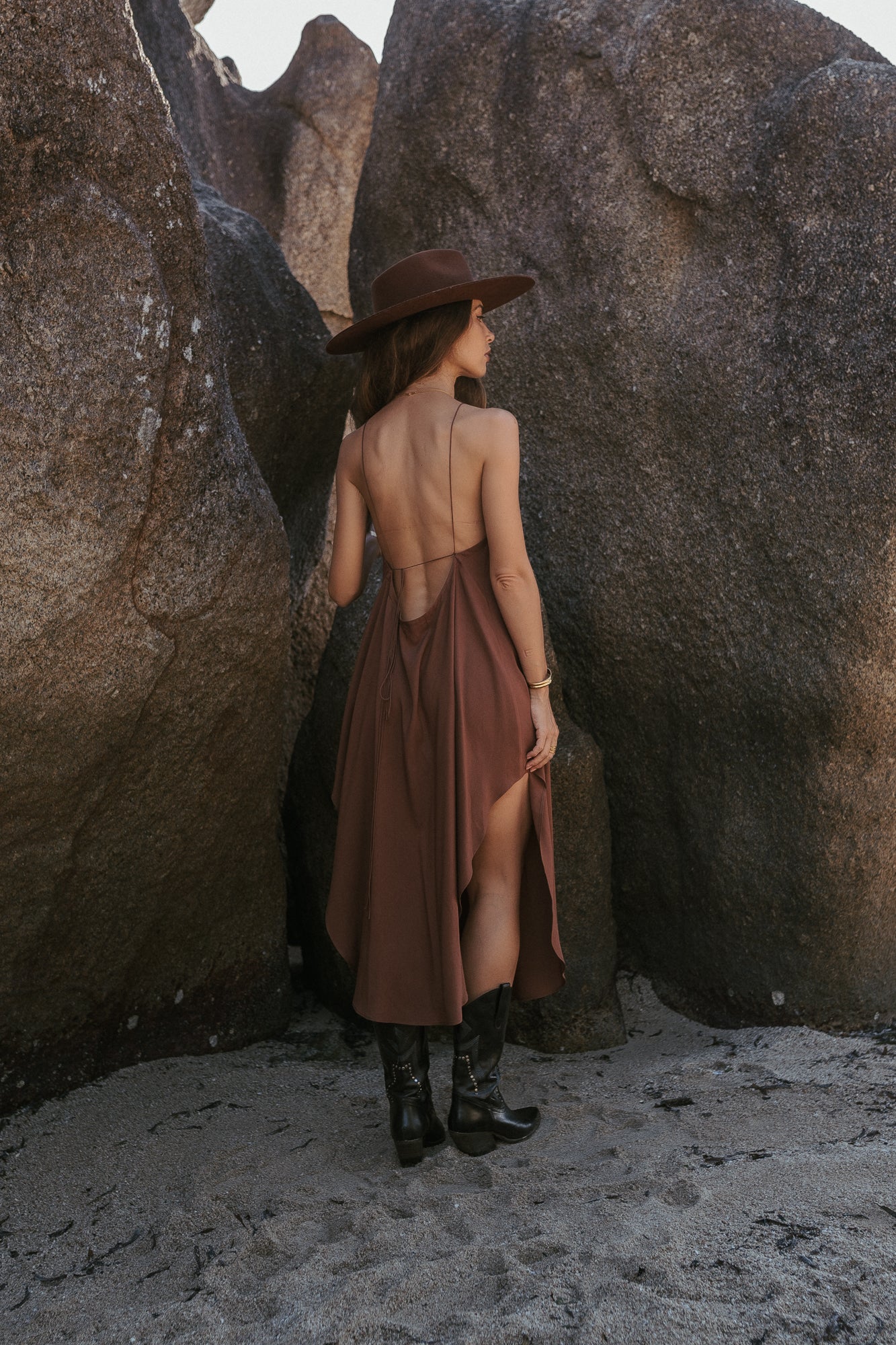 Women midi brown slip dress with open back