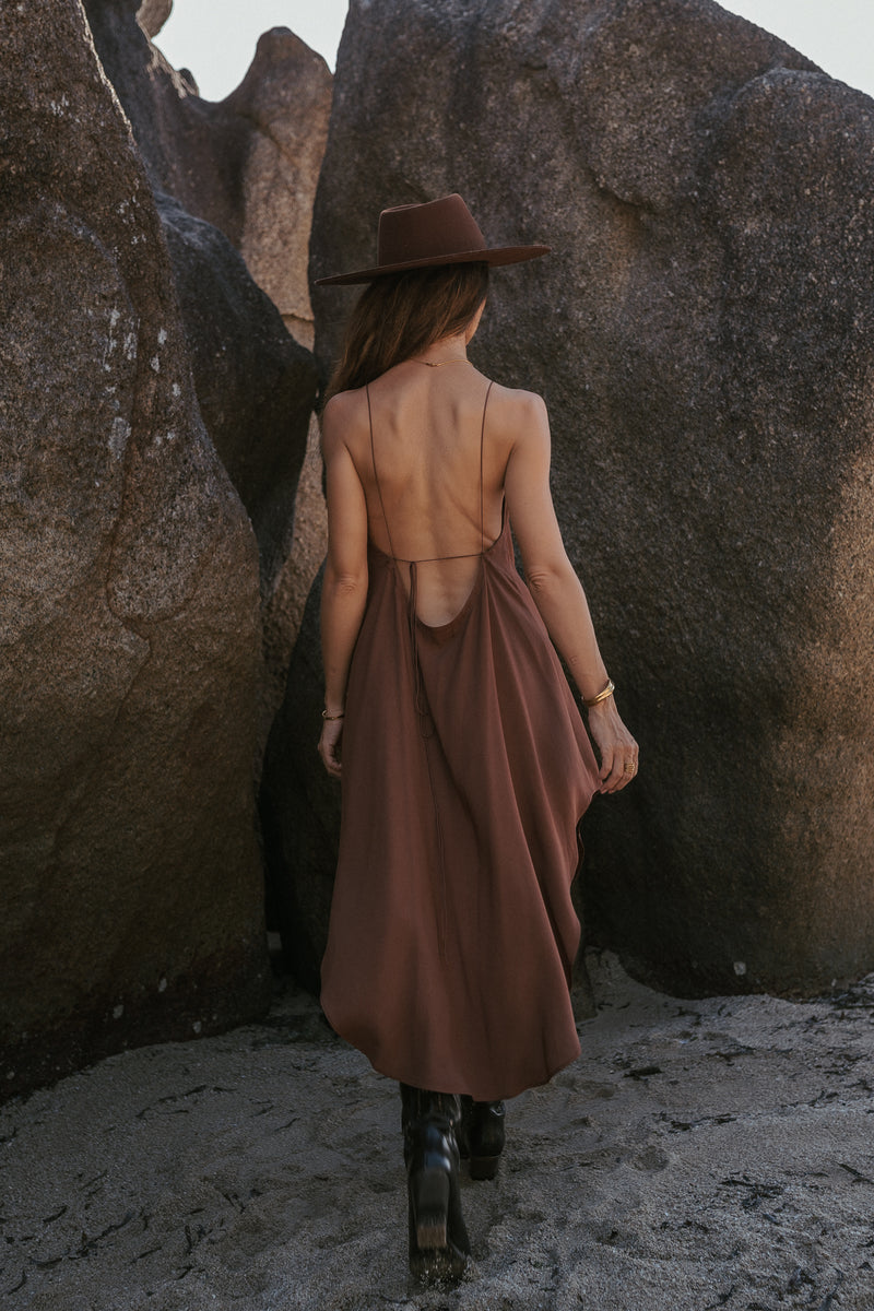 Women midi brown slip dress with open back