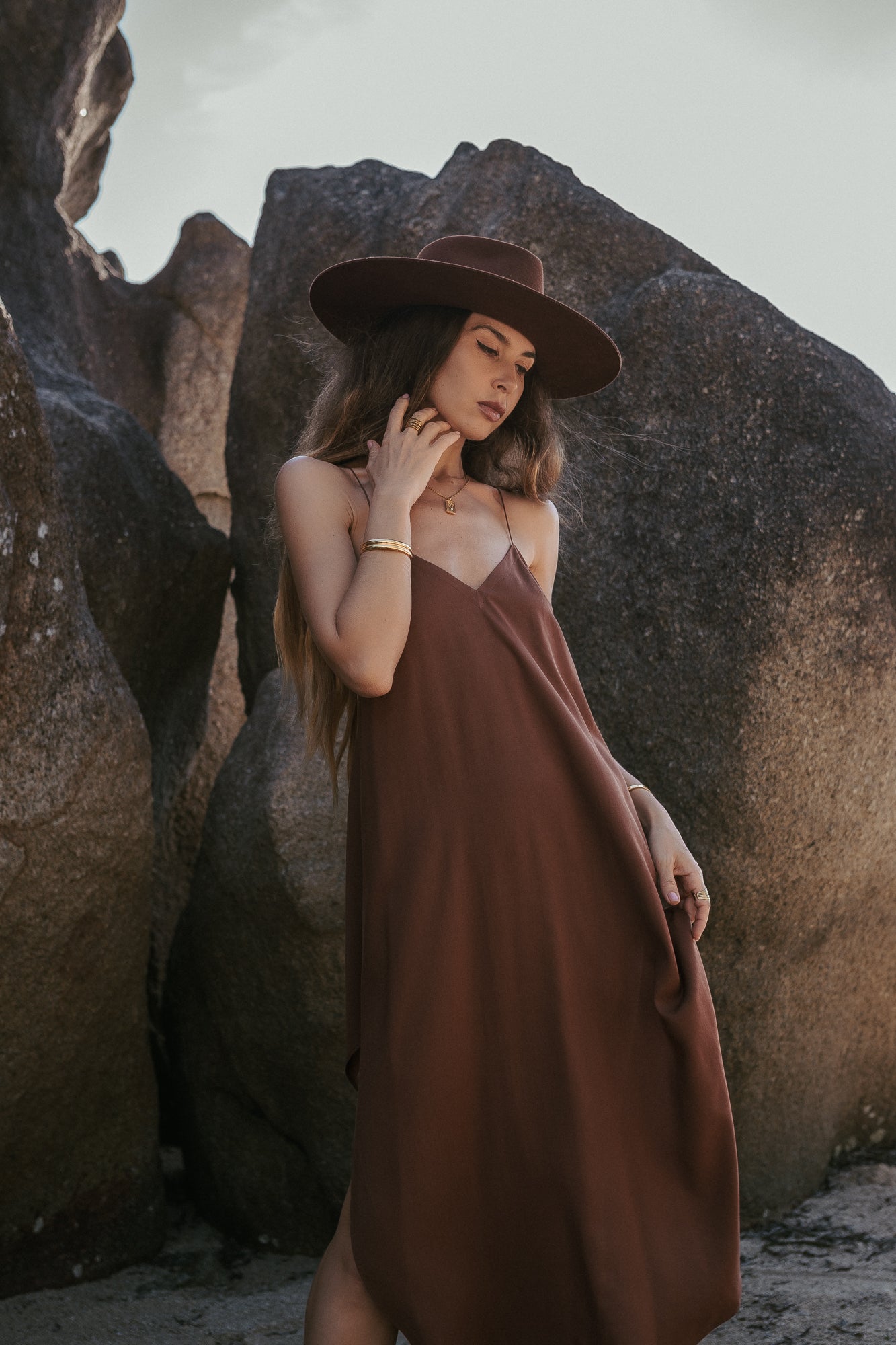 Women midi brown slip dress with open back