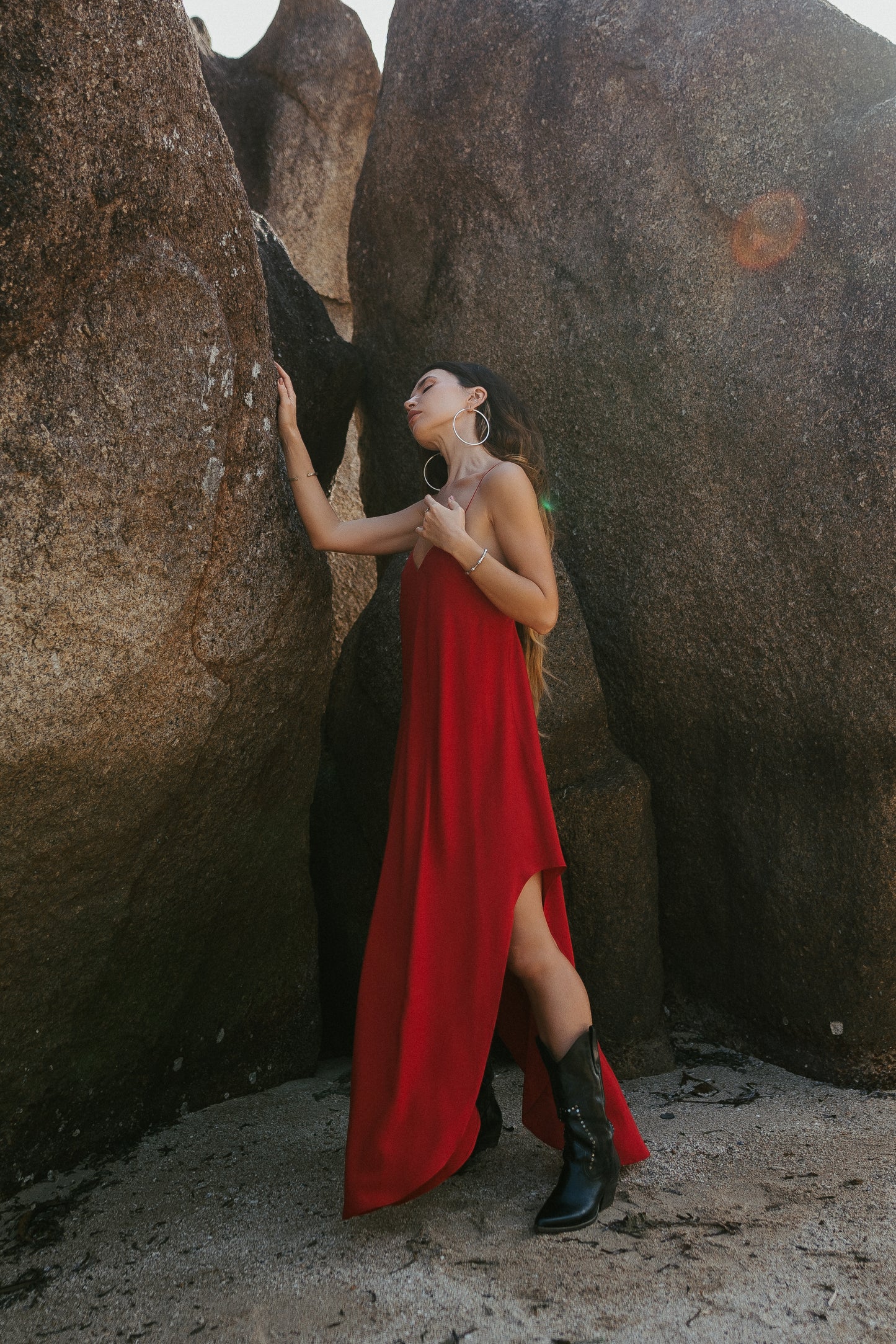 Red maxi slip dress with open back