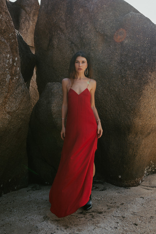 Red maxi slip dress with open back