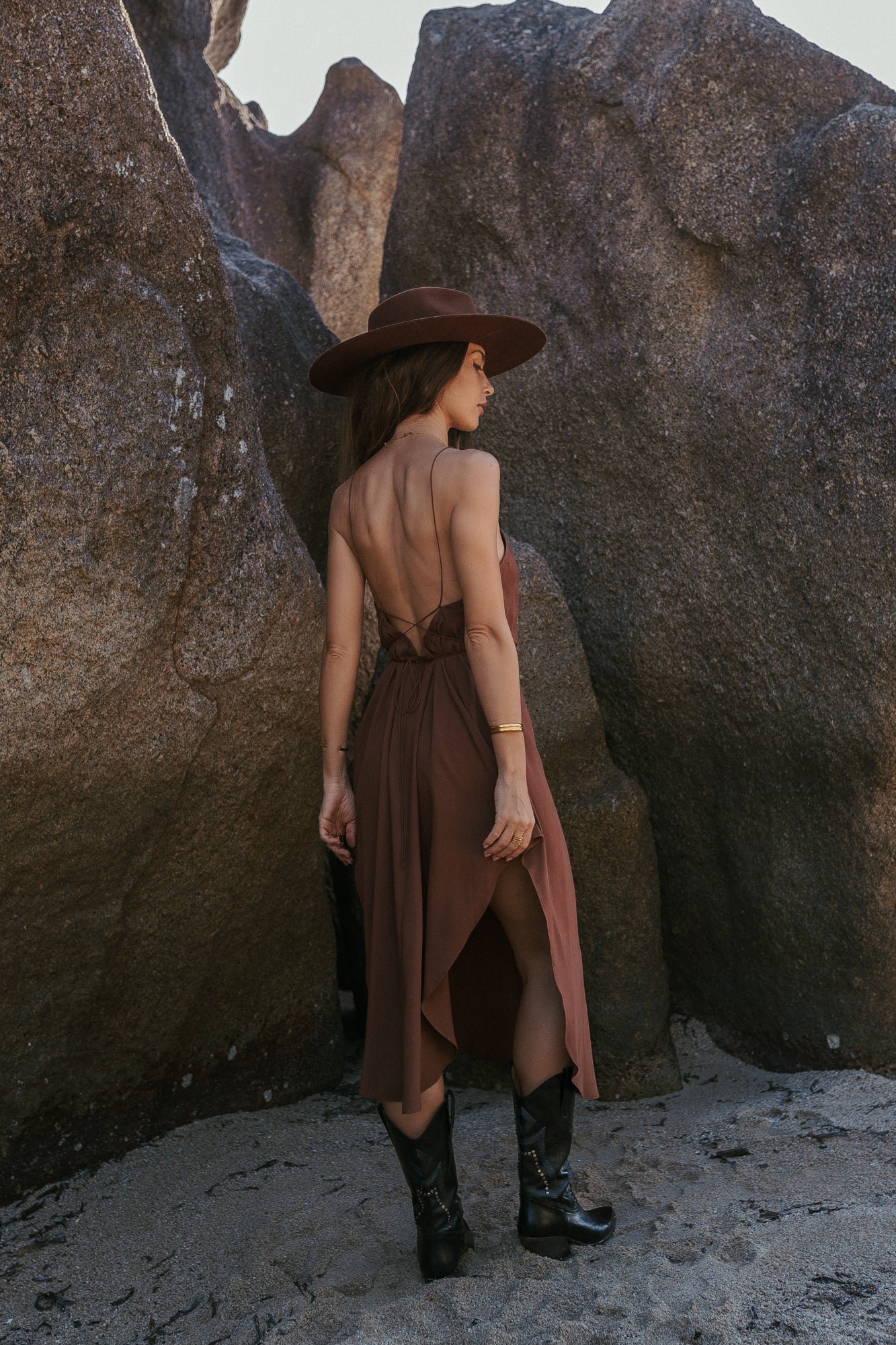 Women midi brown slip dress with open back