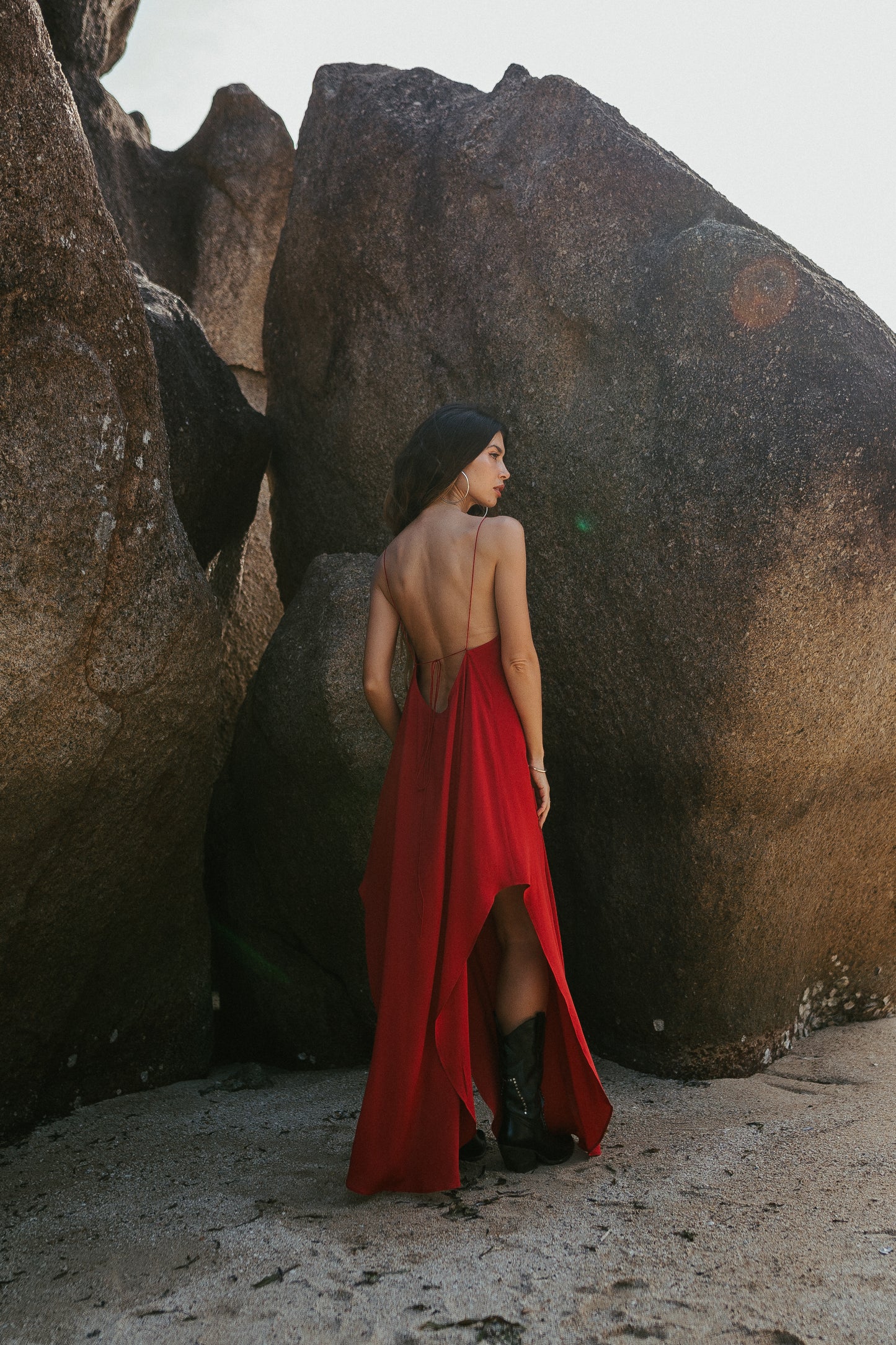Red maxi slip dress with open back