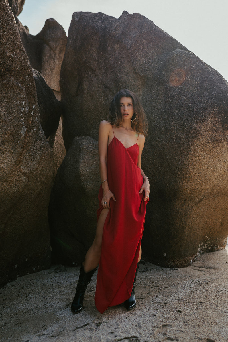 Red maxi slip dress with open back