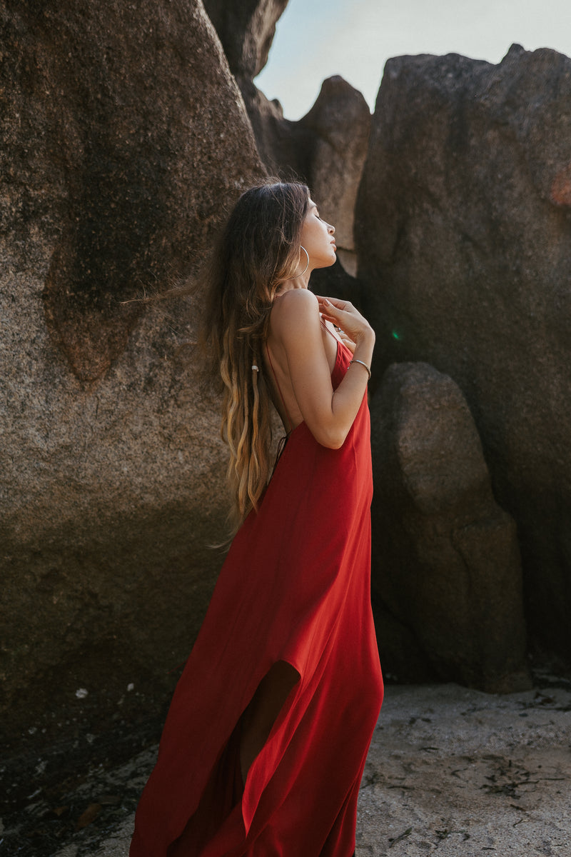 Red maxi slip dress with open back