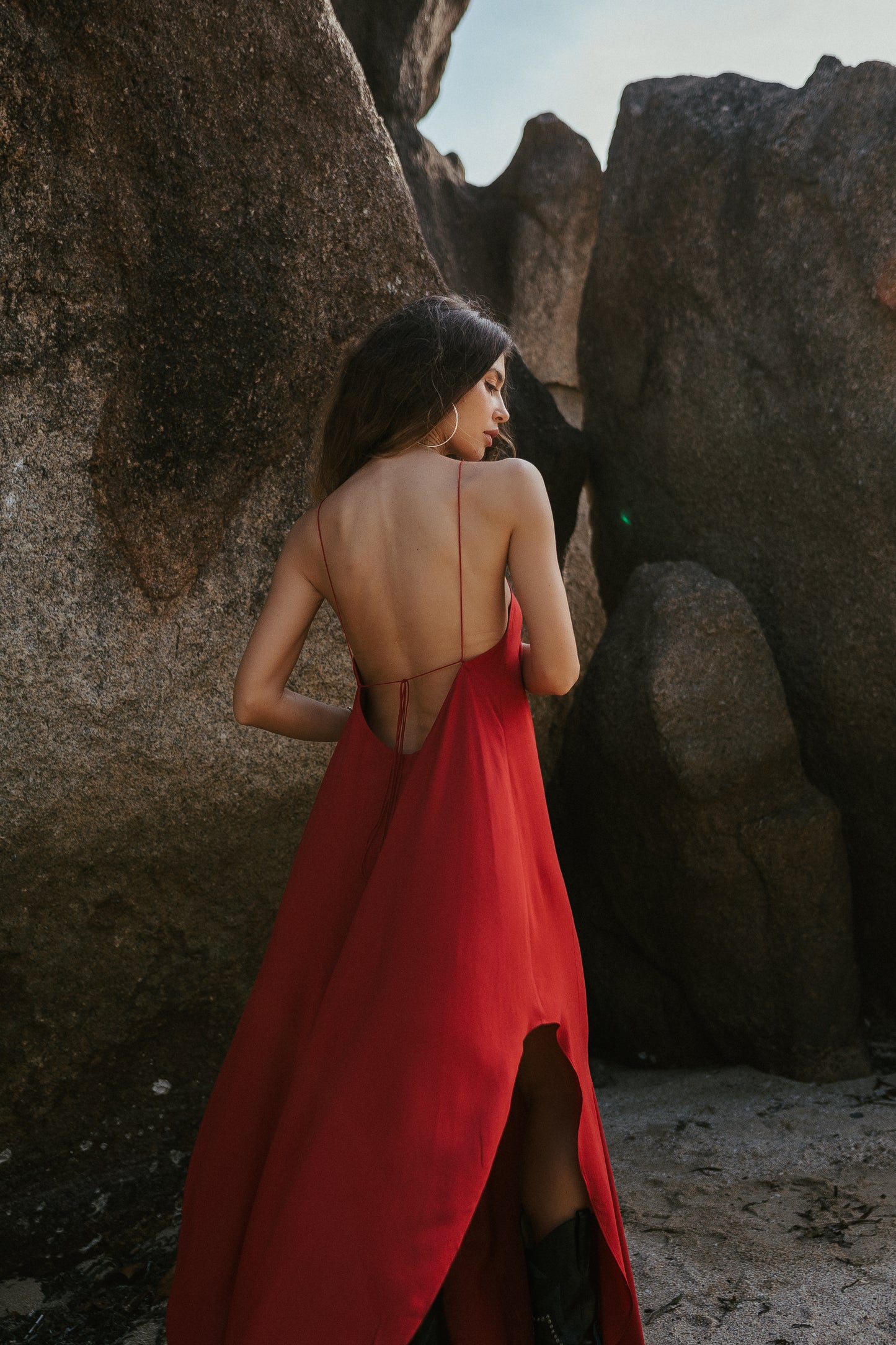 Red maxi slip dress with open back