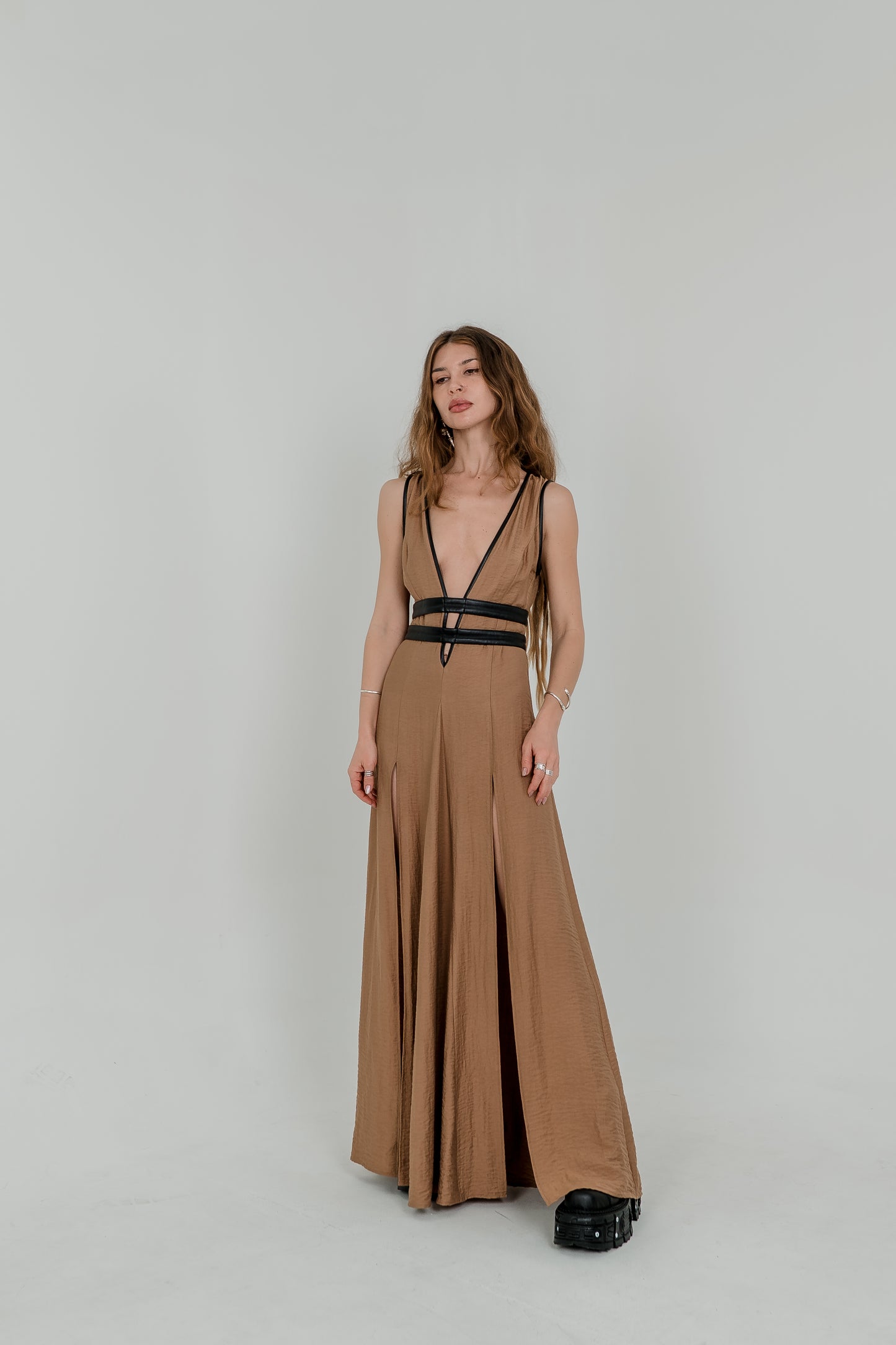 Alisa Harness Maxi Dress – Earth Brown & Vegan Leather