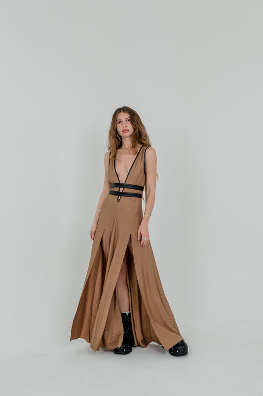 Alisa Harness Maxi Dress – Earth Brown & Vegan Leather