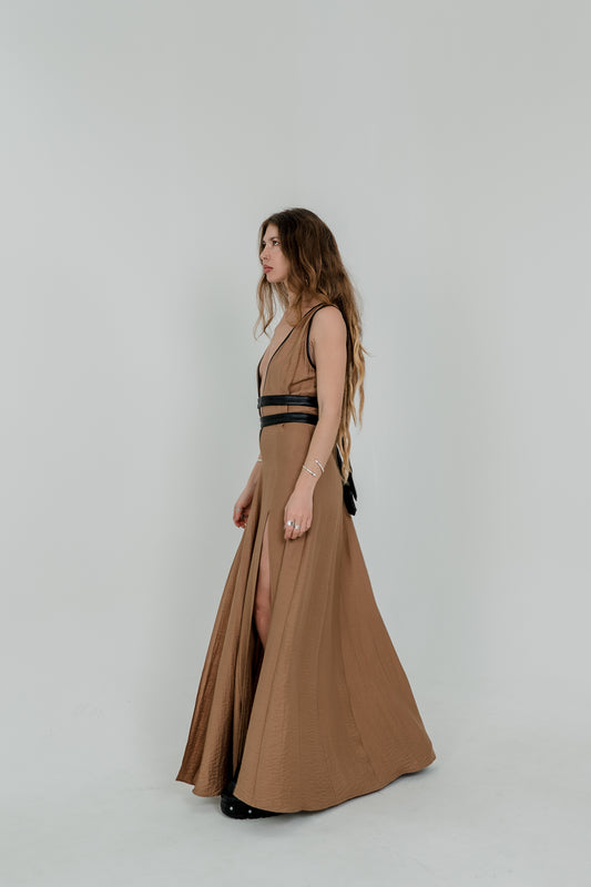 Alisa Harness Maxi Dress – Earth Brown & Vegan Leather