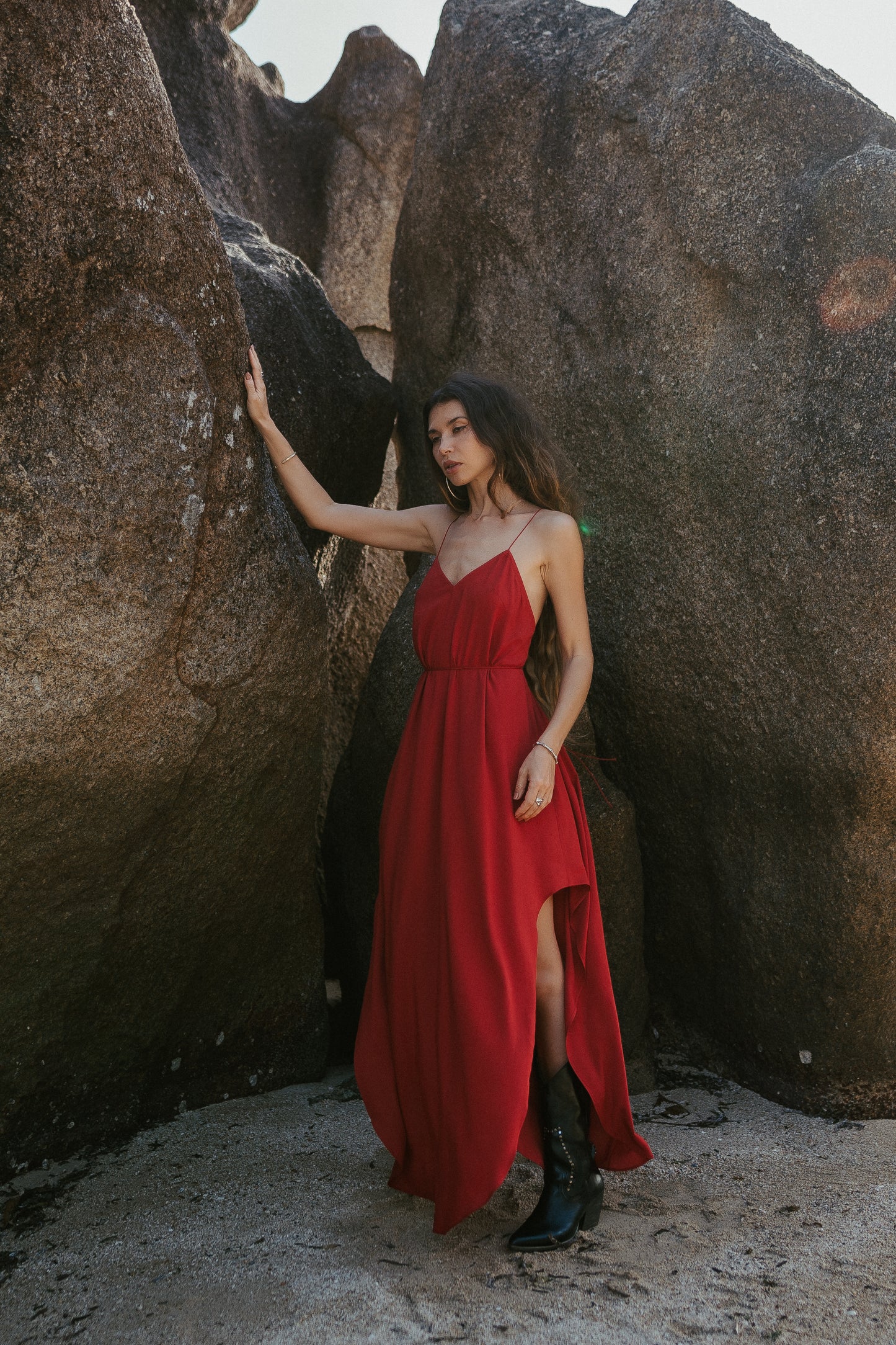 Red maxi slip dress with open back