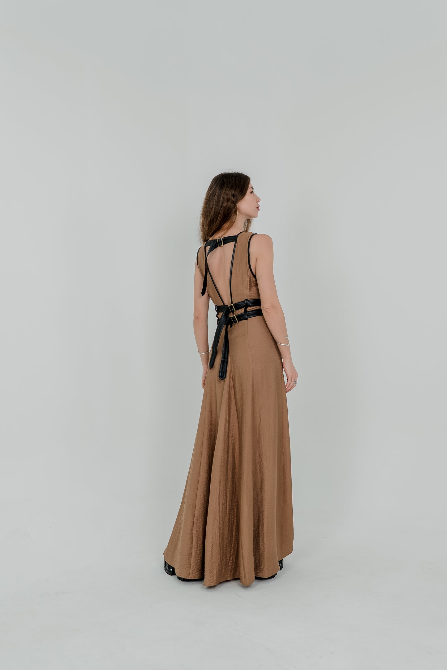 Alisa Harness Maxi Dress – Earth Brown & Vegan Leather