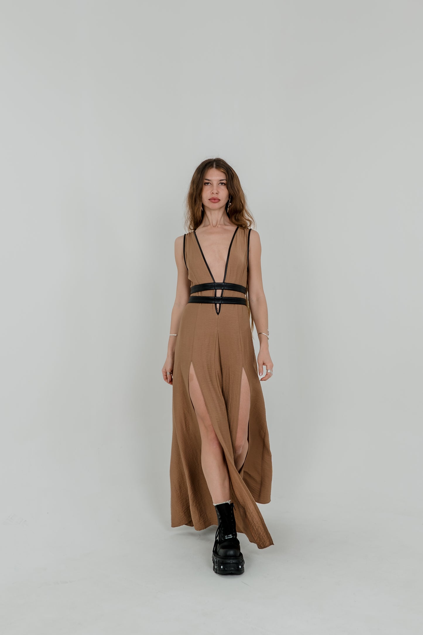 Alisa Harness Maxi Dress – Earth Brown & Vegan Leather