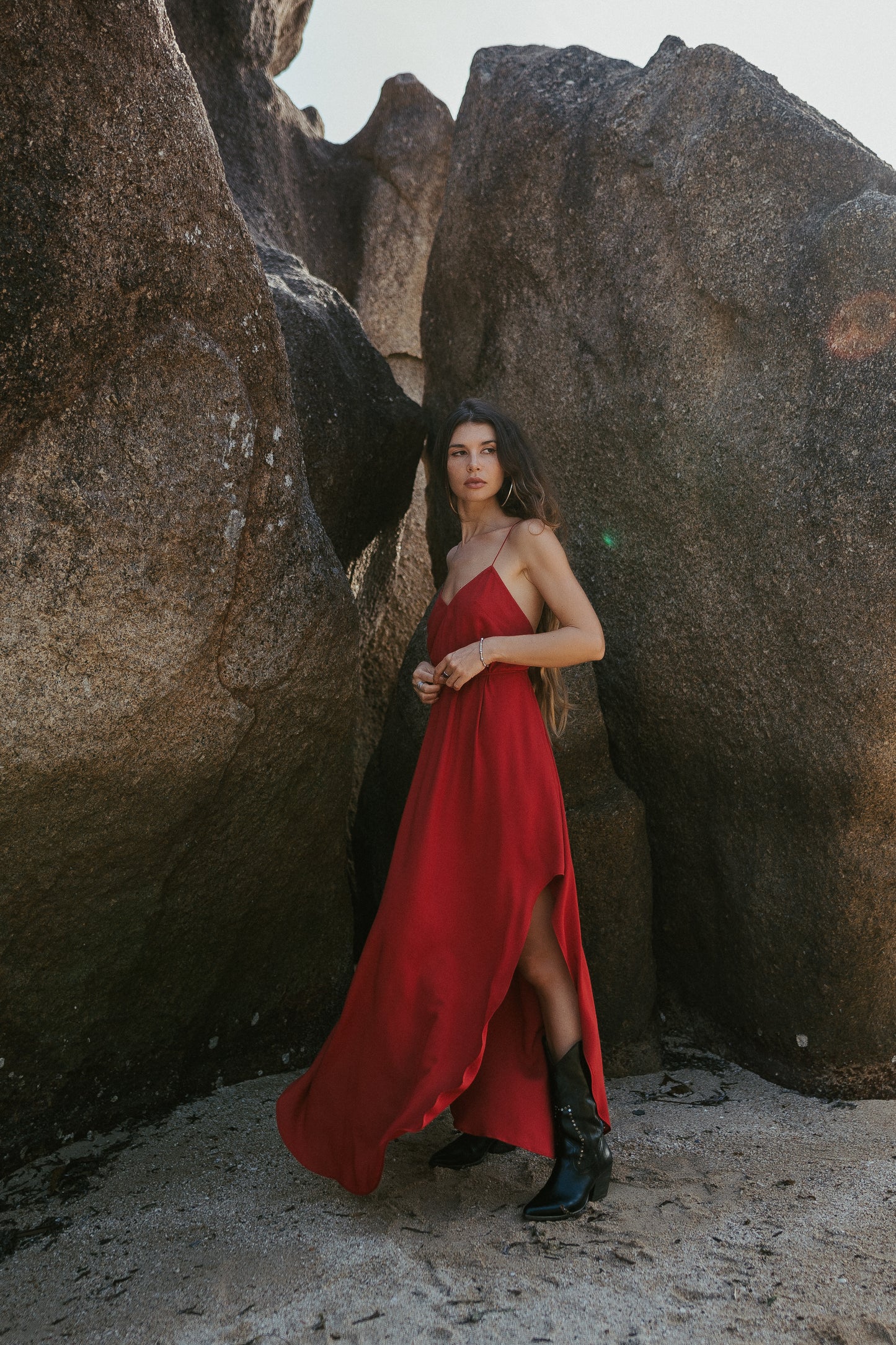 Red maxi slip dress with open back