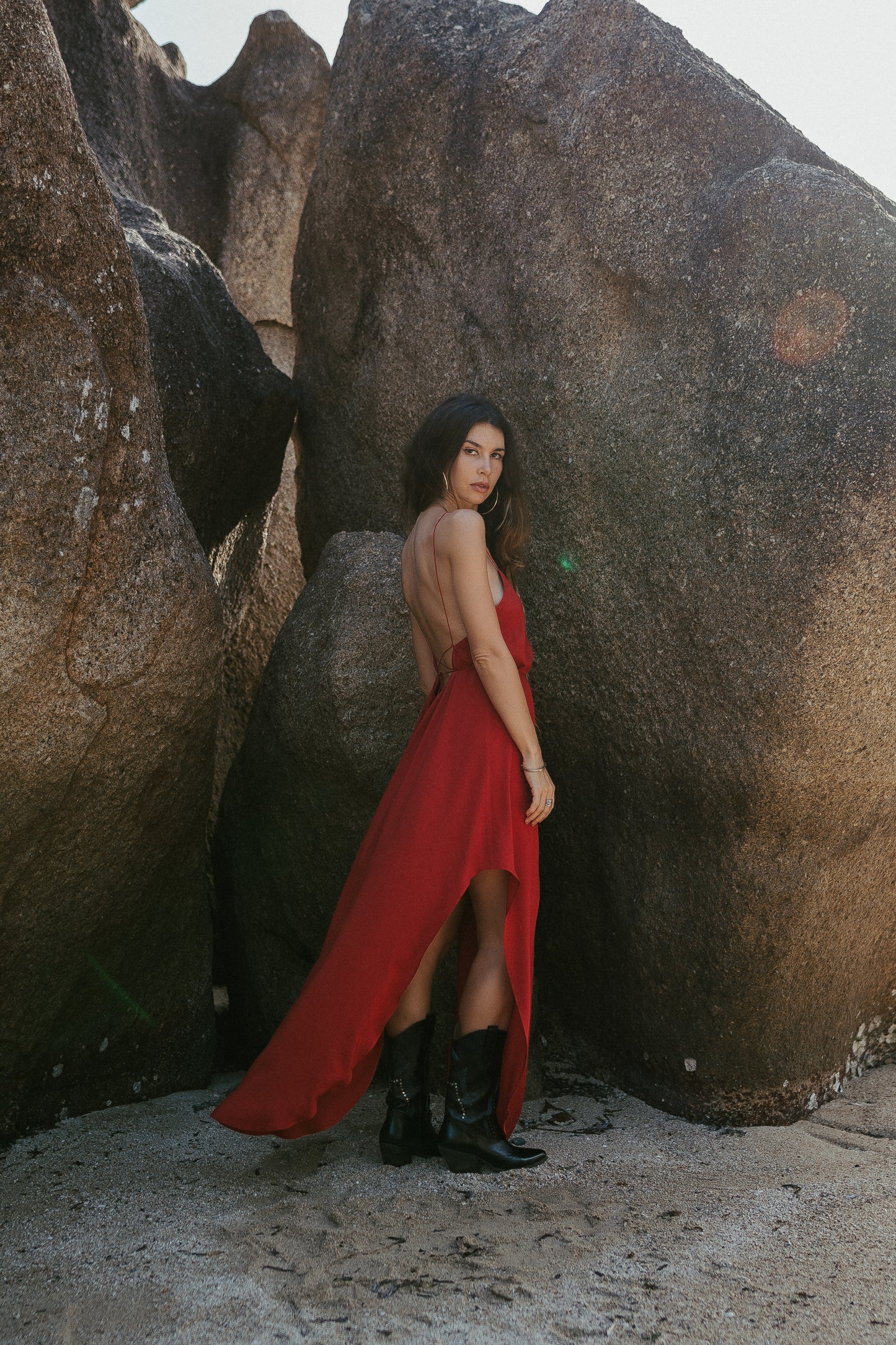 Red maxi slip dress with open back