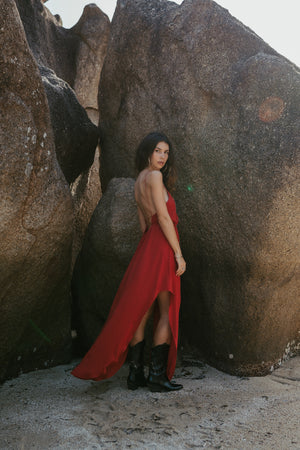 Red maxi slip dress with open back