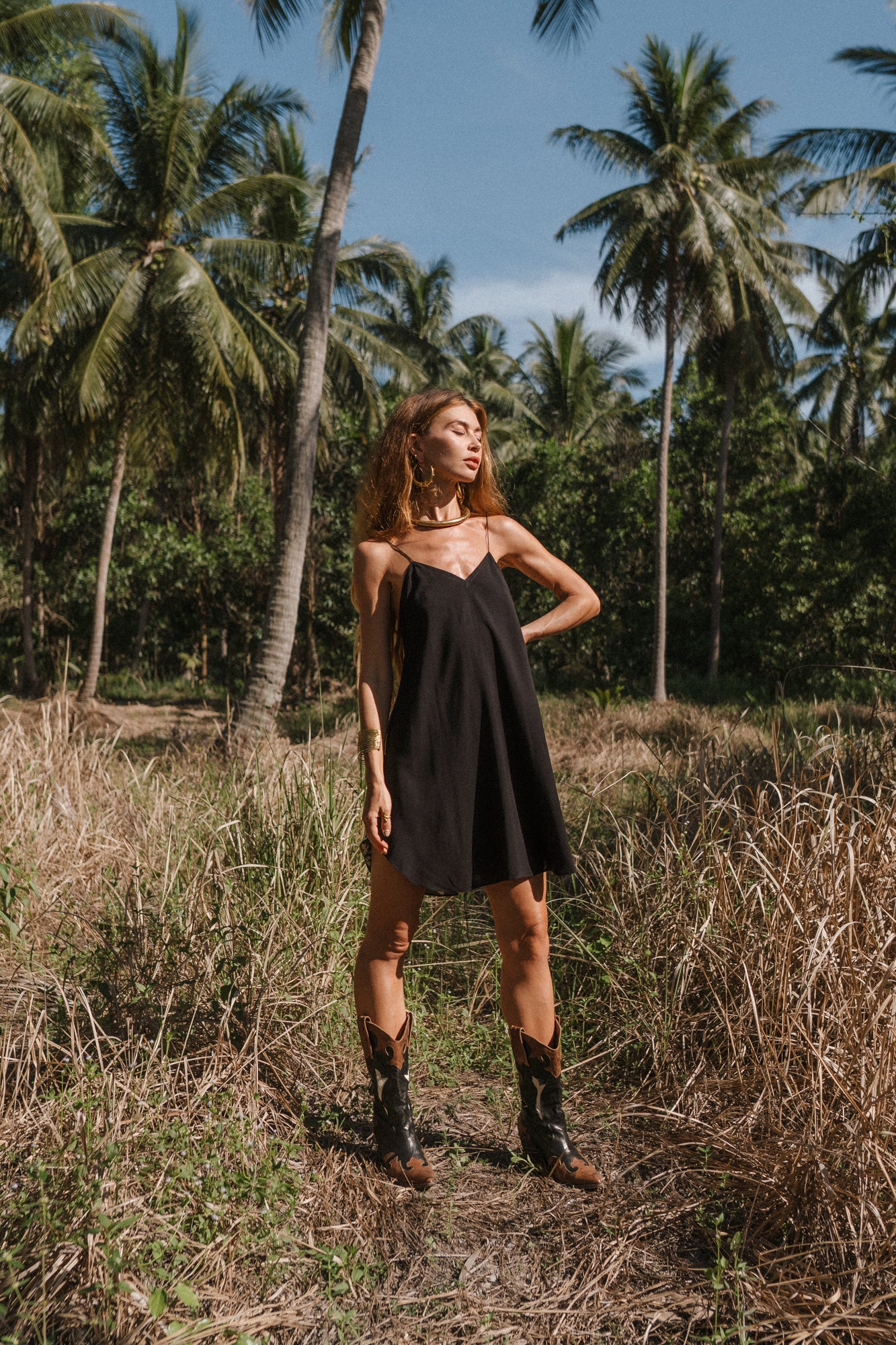 Women mini black slip dress with floral print