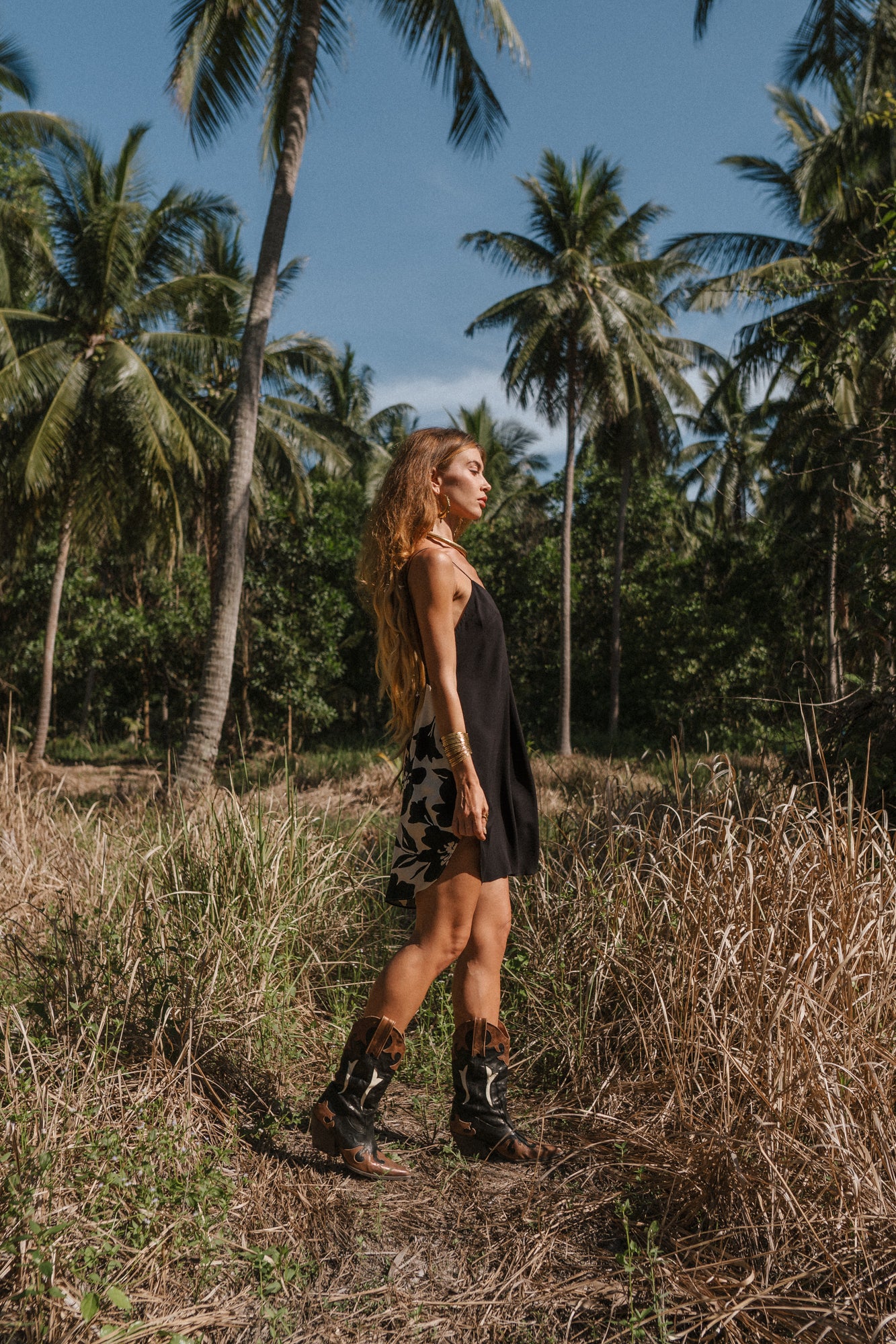 Women mini black slip dress with floral print