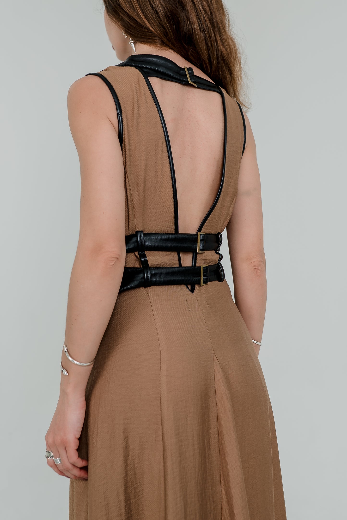 Alisa Harness Maxi Dress – Earth Brown & Vegan Leather