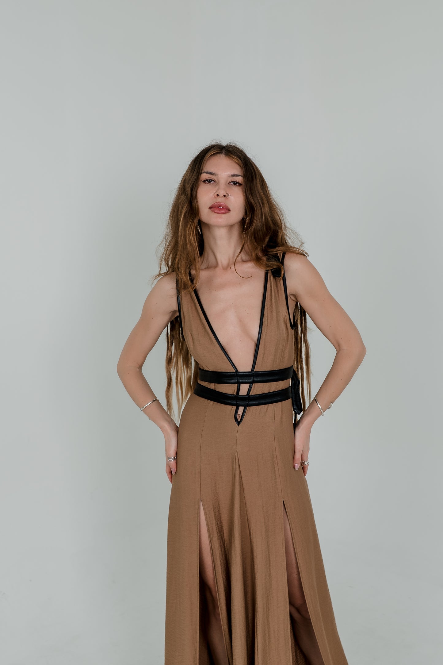 Alisa Harness Maxi Dress – Earth Brown & Vegan Leather