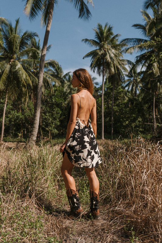 Women mini black slip dress with floral print