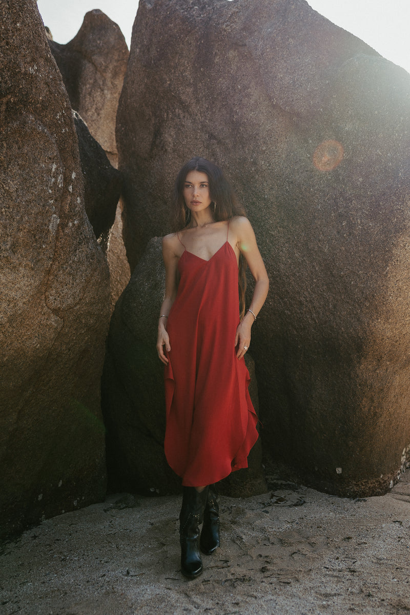 Red midi slip dress with open back