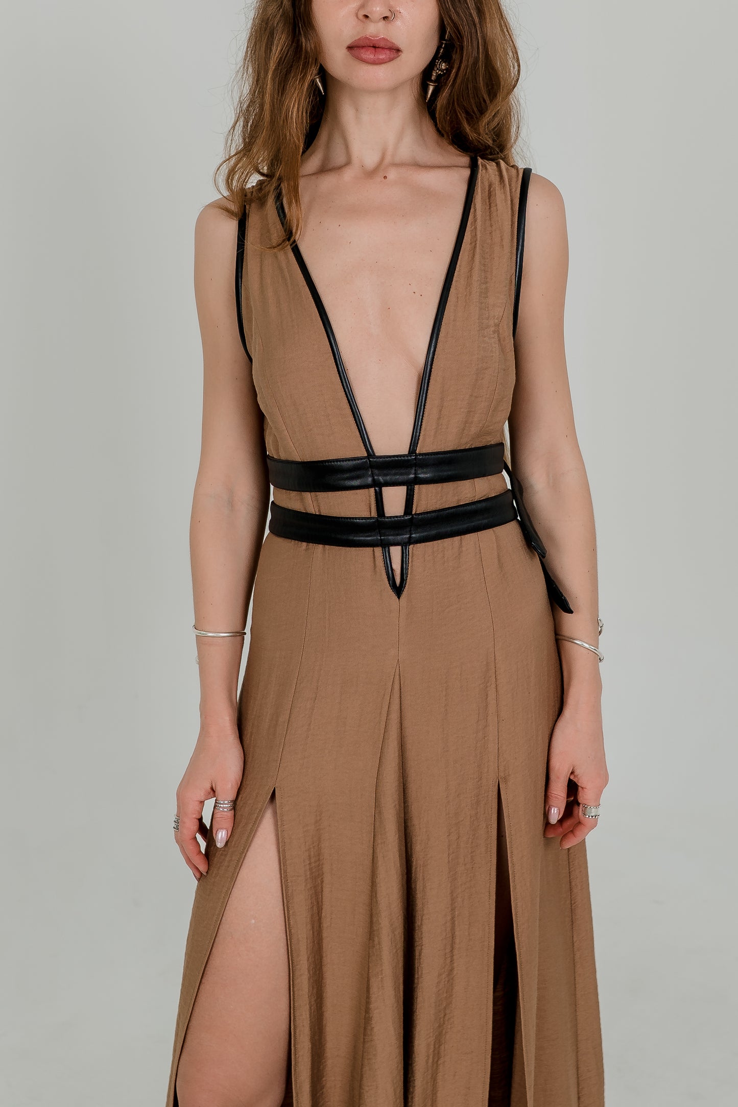 Alisa Harness Maxi Dress – Earth Brown & Vegan Leather