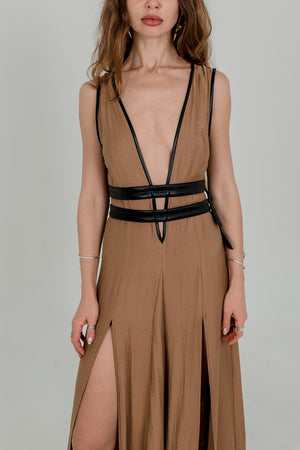 Alisa Harness Maxi Dress – Earth Brown & Vegan Leather