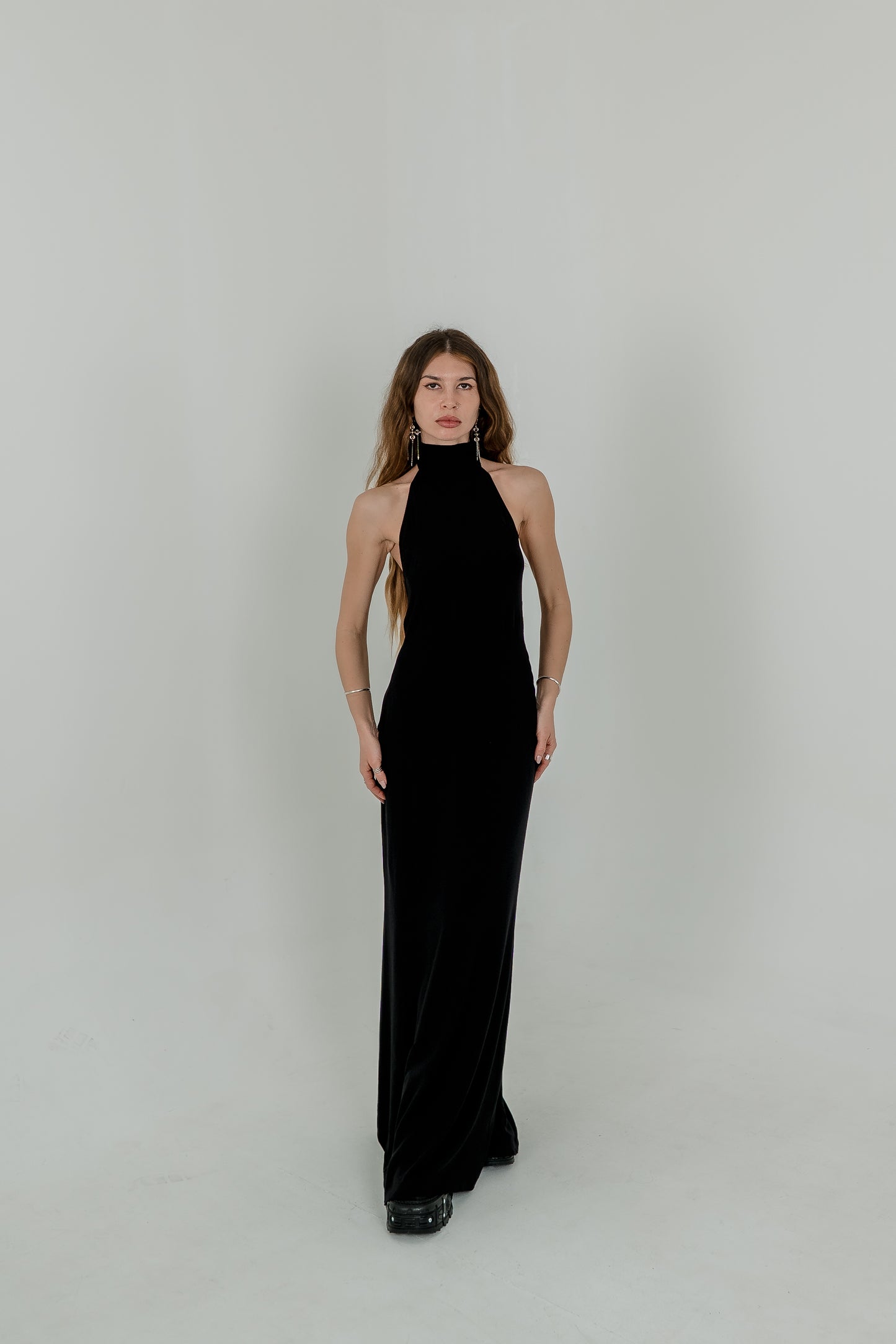 Black Maxi Viscose Dress — High Neck & Open Back