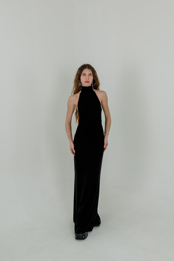 Sia Black Maxi Viscose Dress — High Neck & Open Back
